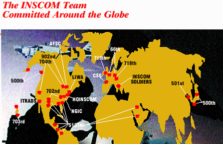 Ausschnitt Weltkarte mit der geographischen Position der INSCOM Einheiten